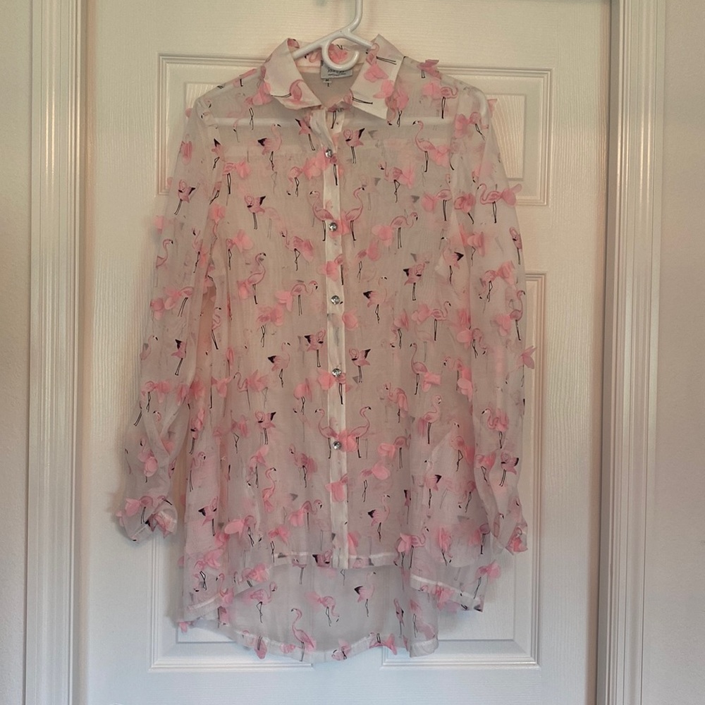 Sheer Flamingo Blouse with Bling Buttons